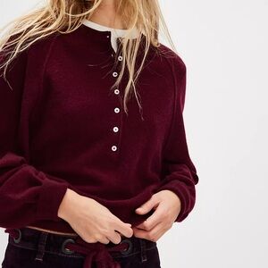 Free People Porta Cashmere Henley Sweater in Endless Passion / Burgundy Red